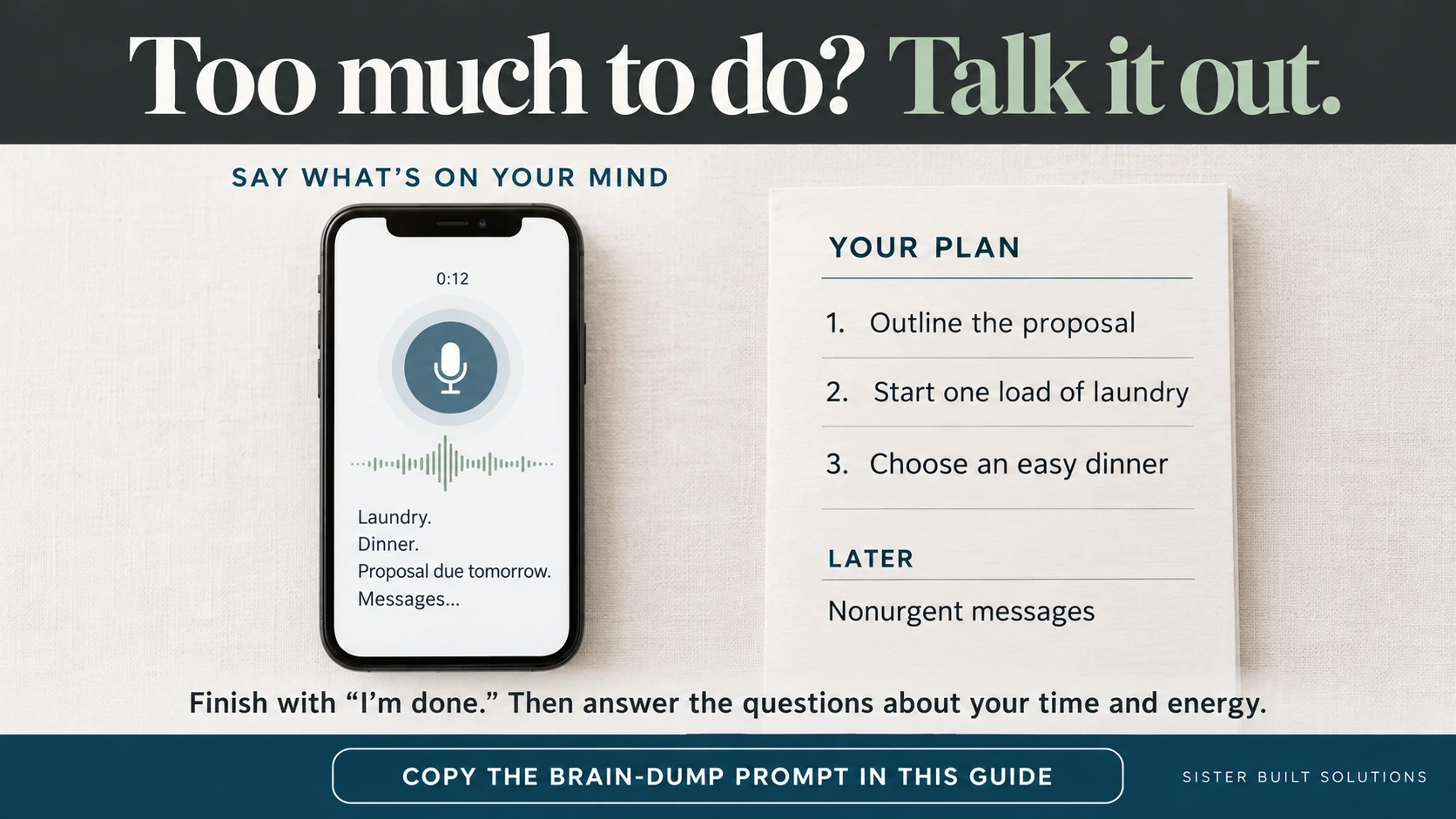 A phone microphone beside an ordered paper plan, illustrating thoughts becoming manageable next steps.